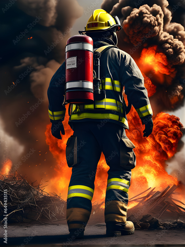 Fototapeta premium brave fireman standing in front of a frightening explosion. Firefighter at a fire. generative AI