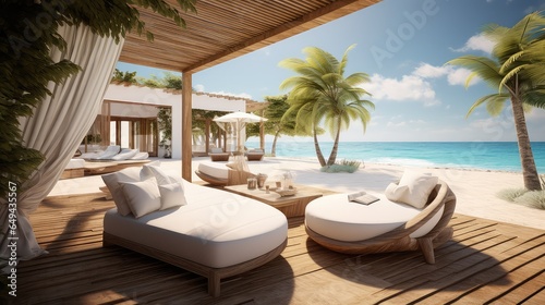 Stylish beachfront resort photo realistic illustration - Generative AI. © Mariia