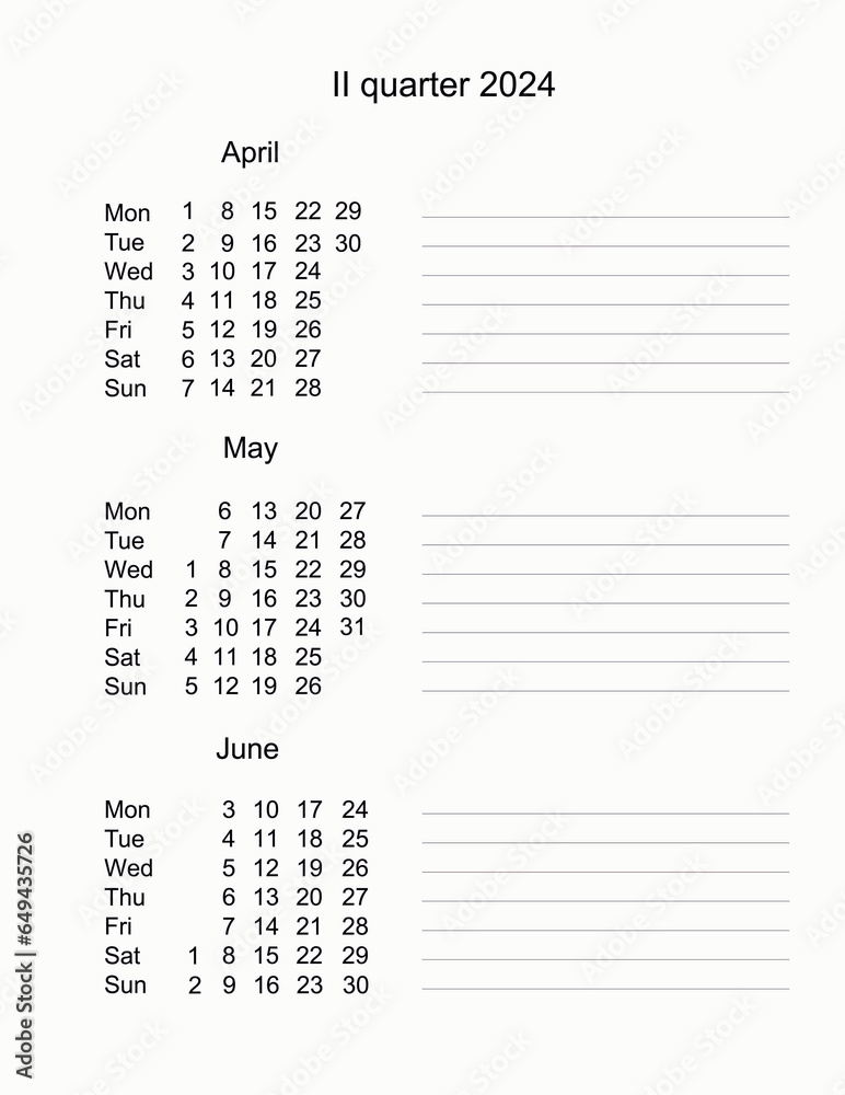 Calendar for second quarter 2024. Three months of 2 quarter 2024. Monthly planner Calendar for second quarter 2024. Three months of 2 quarter 2024. Monthly planner