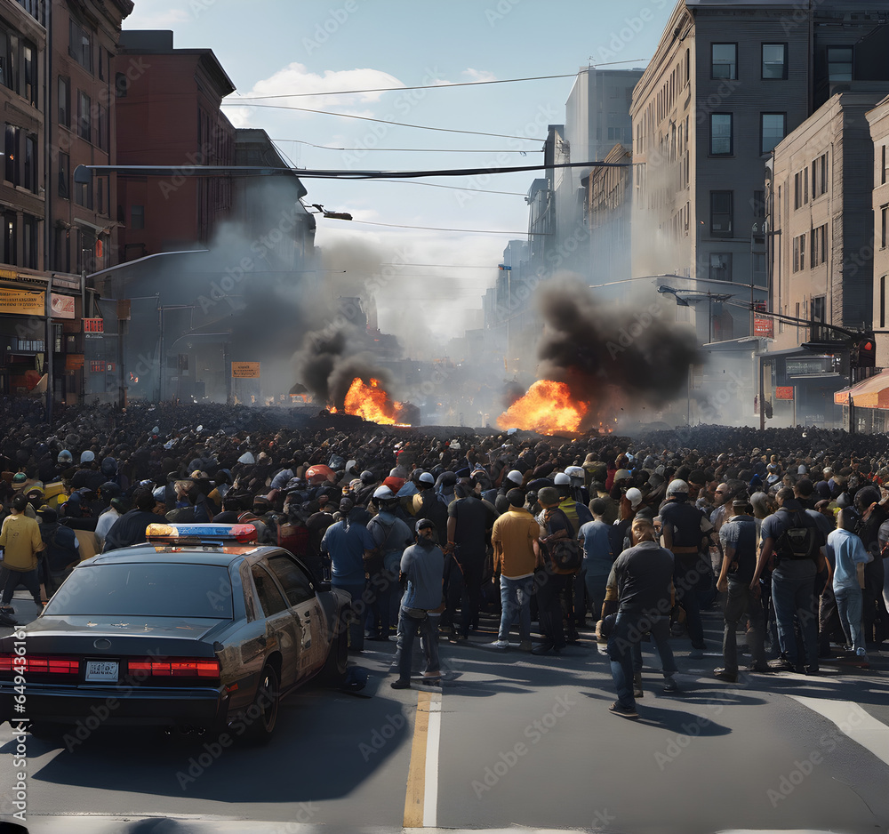 Obraz premium Riots, protests in the city. A burning car on a city street, smoke and flames all around. Dispersing demonstrations, patrolling during riots. Clashes on the city streets. street riots. generative AI