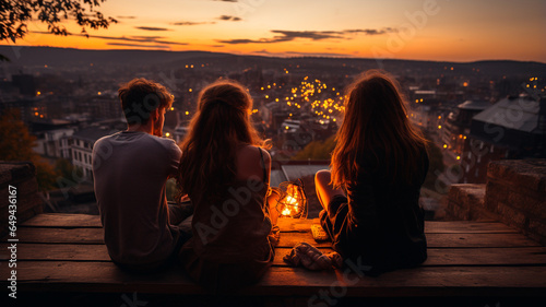 happy young couple of friends sitting on rooftop and watching tv in sunset time