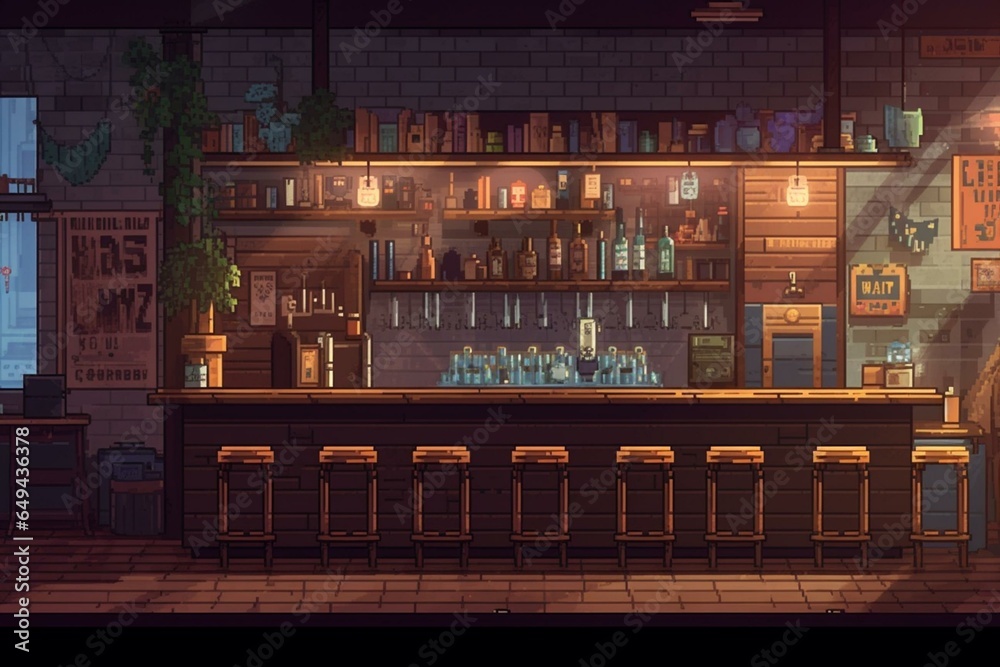 Pixel art style bar interior with wooden counter, drinks, and stools. Generative AI