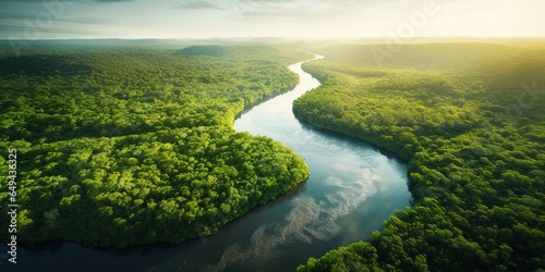 Generative AI, green beautiful amazonian jungle landscape with trees and river, drone view