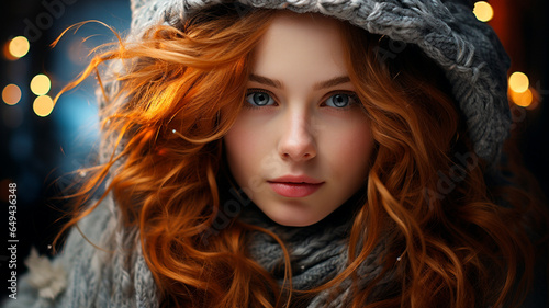 beautiful woman with long brown hair and a scarf. portrait of a young girl