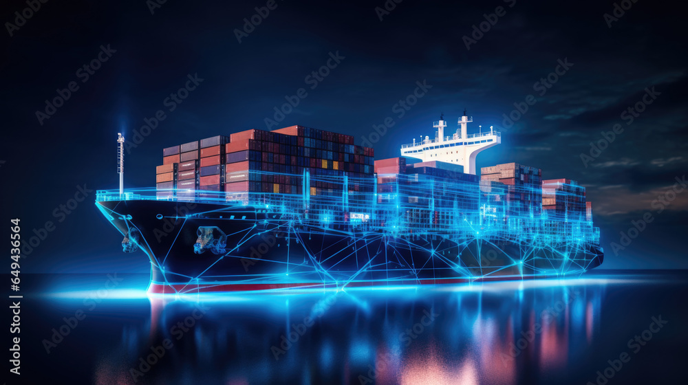 3d model of a container ship, glowing wire-frame neon lines over black background - obrazy, fototapety, plakaty 