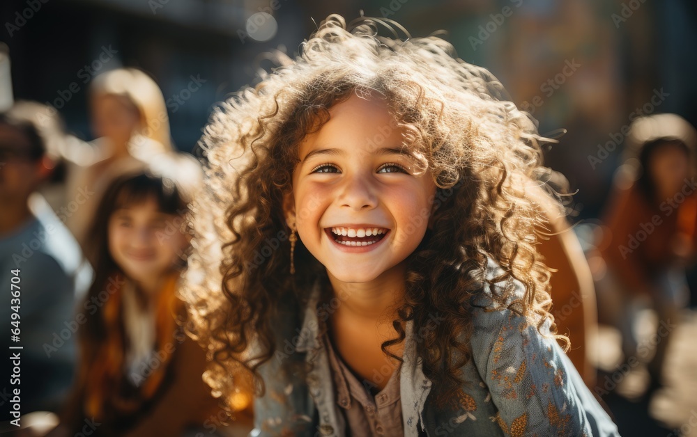 Group of elementary school students smiling happily in the sunshine. Generative AI