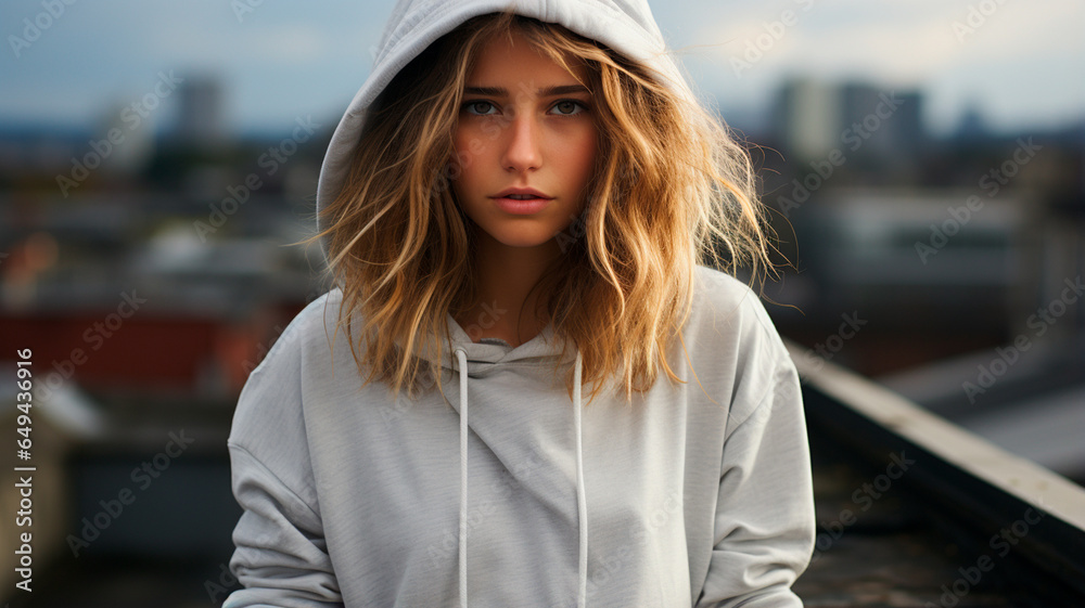 portrait of a young woman in a black jacket on the roof of an abandoned building