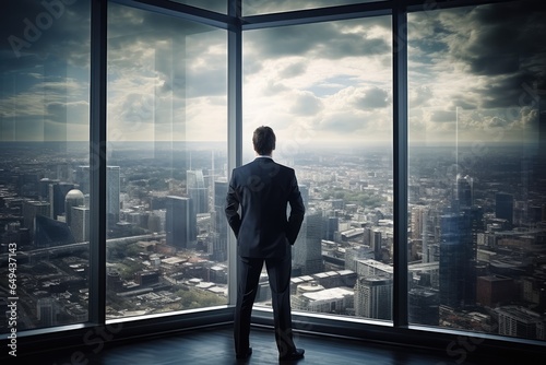 a businessman is standing in his office with open glass windows facing a city Generative AI