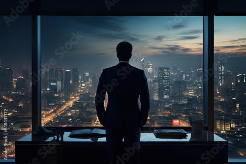 a man looking at a city from his office window Generative AI