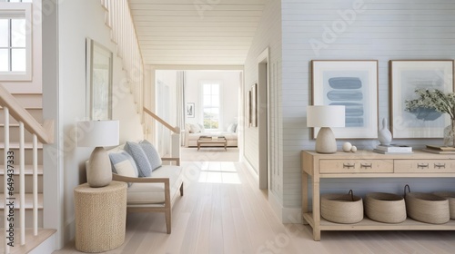 Cozy clean interior design with muted costal colors hallway