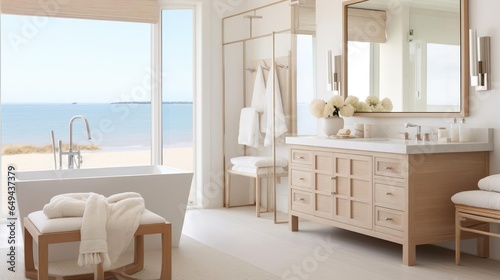Cozy clean interior design with muted costal colors bathroom
