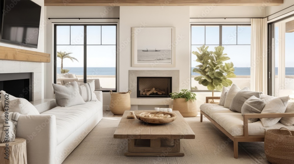 Fototapeta premium cozy modern living room with pale colors and wood accents