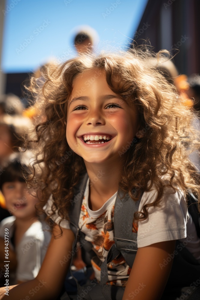 Group of elementary school students smiling happily in the sunshine. Generative AI Group of elementary school students smiling happily in the sunshine. Generative AI