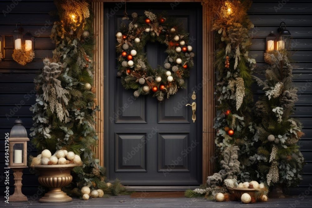 Entrance door with a Christmas wreath and Christmas trees Entrance door with a Christmas wreath and Christmas trees