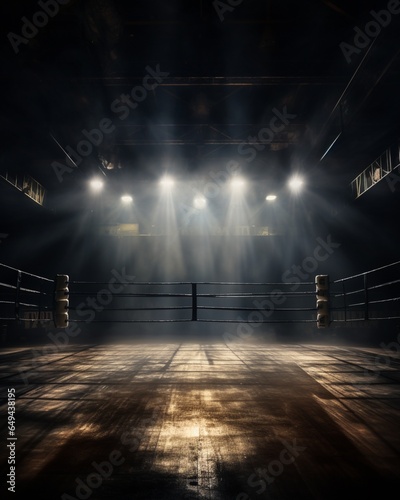 Boxing arena with dark lights in the background photo
