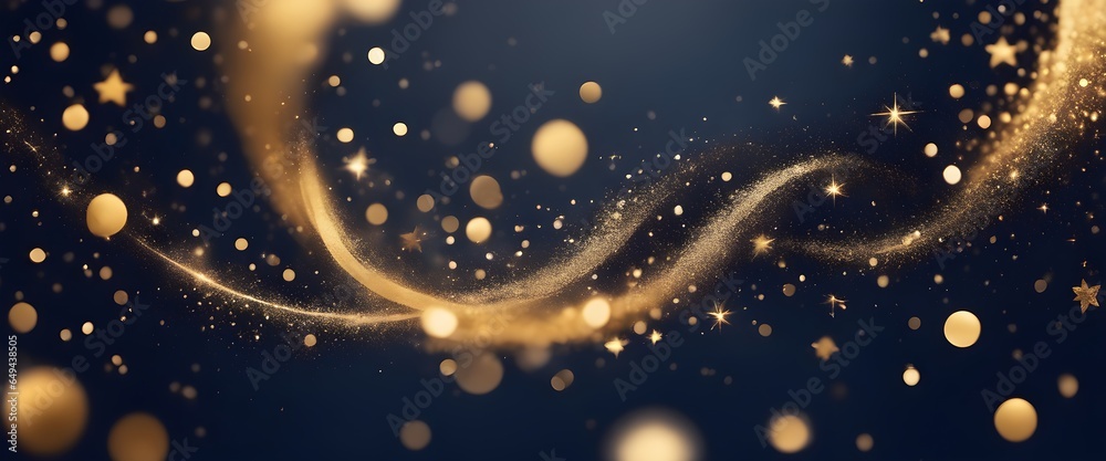 Abstract dark blue background with particles and golden shiny star dust ...