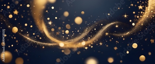Abstract dark blue background with particles and golden shiny star dust. Christmas feeling. A navy blue backdrop adorned with a shimmering cascade of golden light, creating a captivating bokeh effect.
