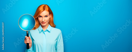 Young woman with a magnifying glass on a blue background.