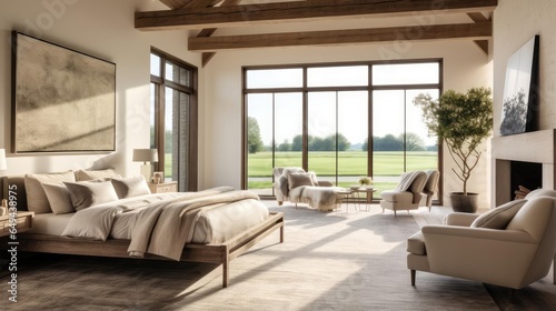 luxury modern farmhouse bedroom with wooden beams