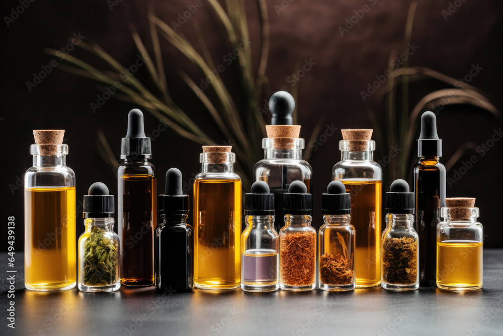 A series of small bottles filled with various colorful essential oils. A series of small bottles filled with various colorful essential oils.