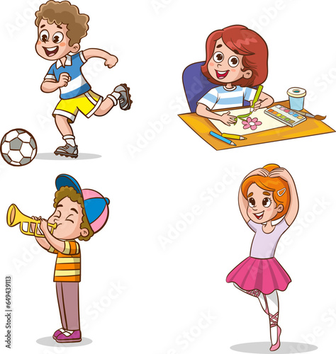 Vector illustration of children doing various sports and arts.