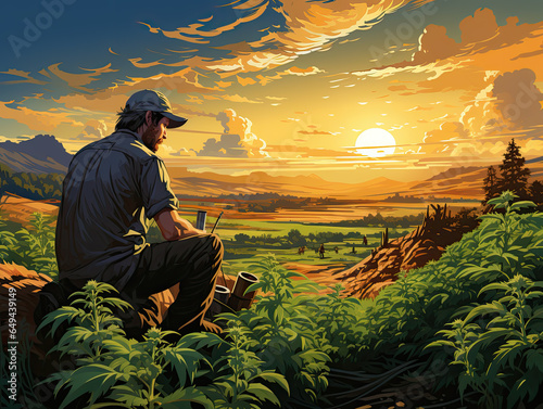 A farmer actively participates in hemp cultivation, where checking plant growth is pivotal in addressing agriculture and environmental concerns.