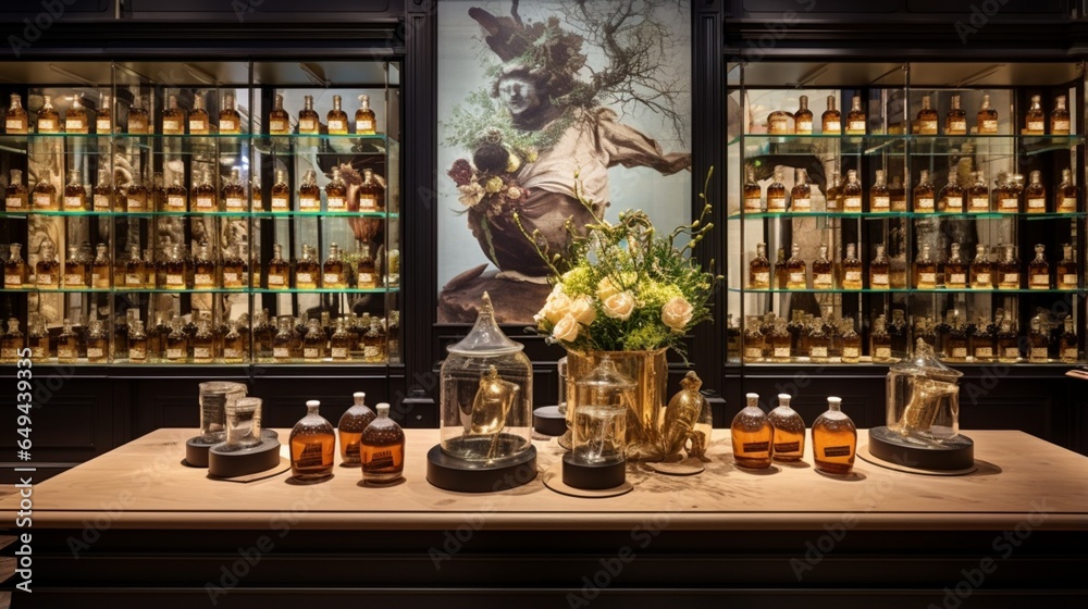 a boutique's fragrance counter, where the art of perfumery is celebrated through exquisite scents - obrazy, fototapety, plakaty 