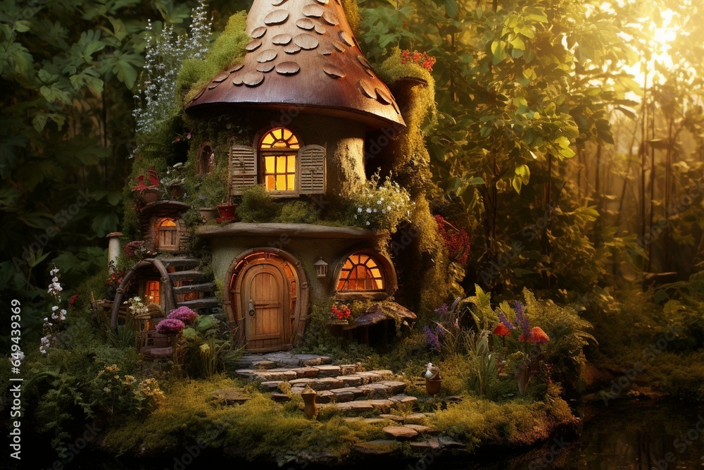 Fairy house surrounded by enchanted woods. Generative AI