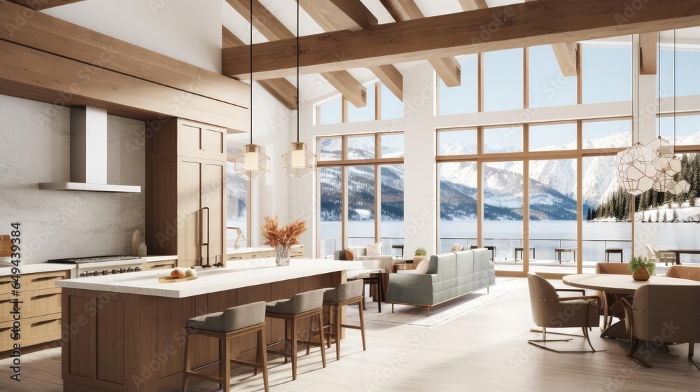 luxury modern open plan kitchen with rich natural light wooden beams ...
