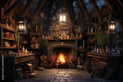 Interior of sorcerer s cottage with candles  potions  and spells. Generative AI