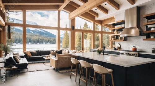 luxury modern open plan kitchen with rich natural light wooden beams and minimalist features