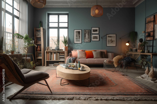 Living room. BOHO style. Aesthetic Centered perspective. Interior Design