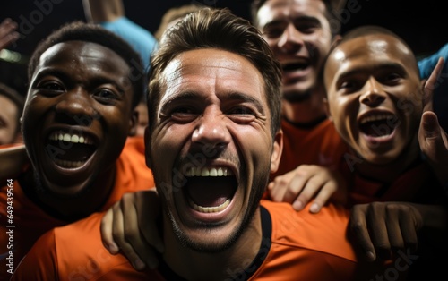 Men's national football team celebrate a match won in stadium. Generative AI