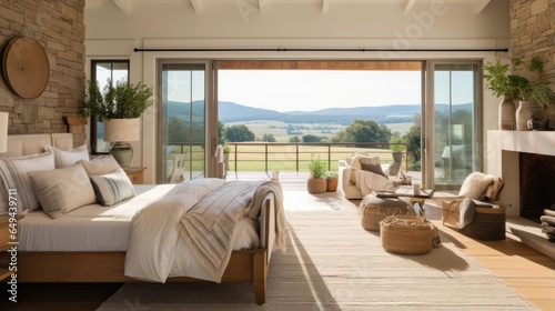 Modern country ranch house bedroom with view of rolling hills
