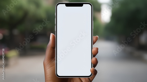Over shoulder view of African Black girl student holding mobile phone with white blank mock up cellular screen applications using cell phone. Cellphone display mock up for advertising apps concept 