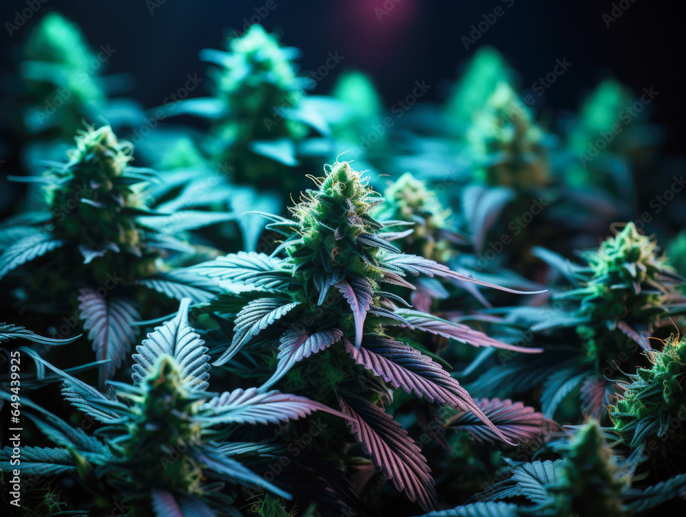 Against a lush green leafy backdrop, indoor hemp cultivation takes center stage. A young cannabis plant enters the flowering phase, specifically of the Northern Light strain. 