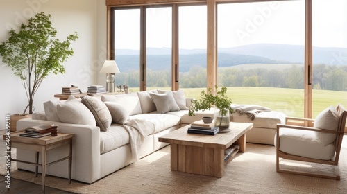 Modern country ranch house living room with view of rolling hills