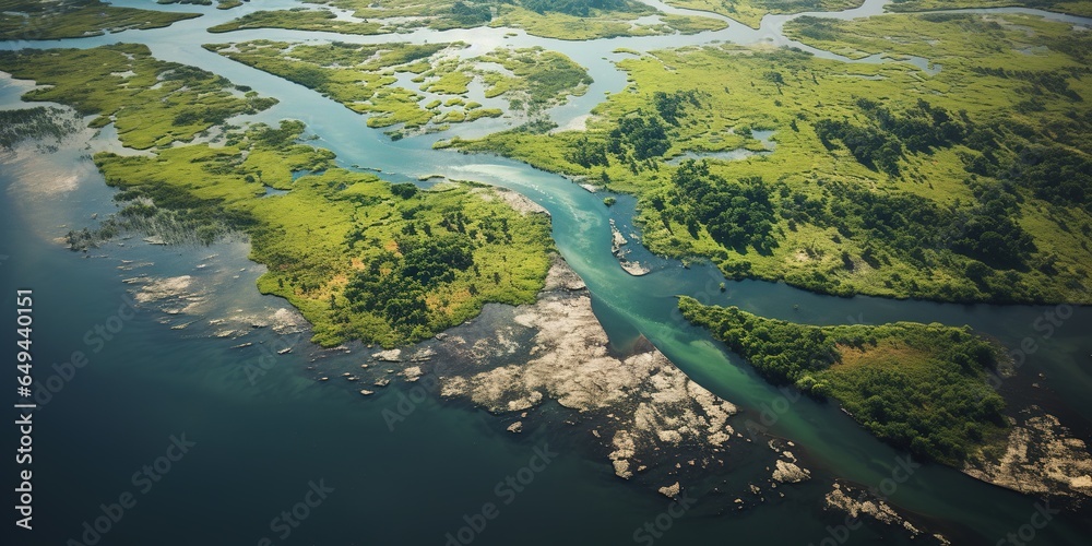 Generative AI, green beautiful amazonian jungle landscape with trees and river, drone view