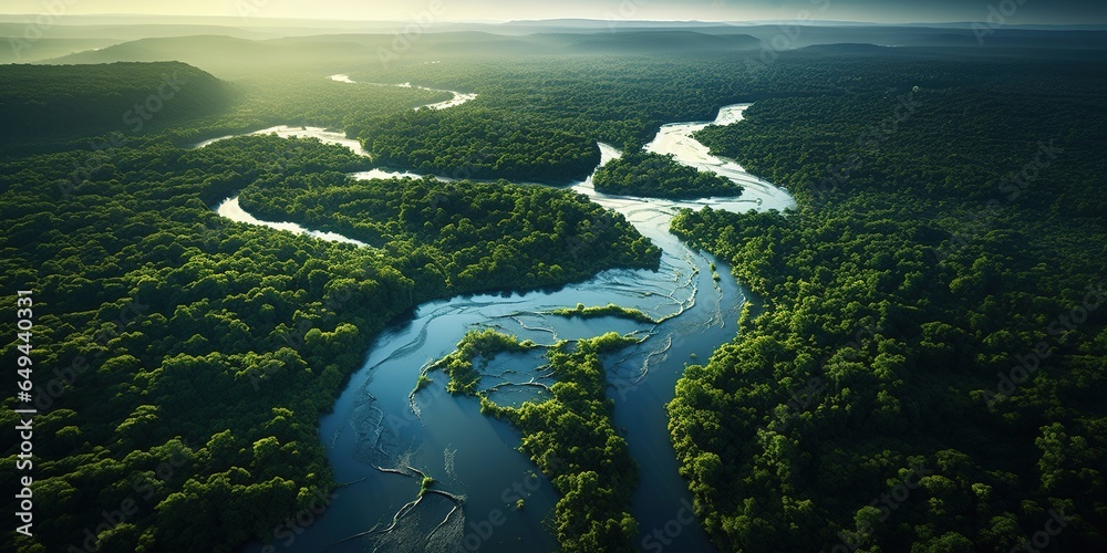 Generative AI, green beautiful amazonian jungle landscape with trees and river, drone view