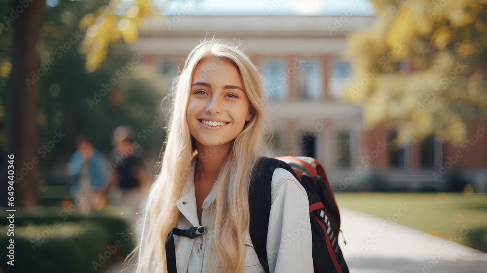 Smiling cute pretty blond girl, positive female teenage high school student holding backpack looking at camera standing in modern university or college campus library, portrait Smiling cute pretty blond girl, positive female teenage high school student holding backpack looking at camera standing in modern university or college campus library, portrait