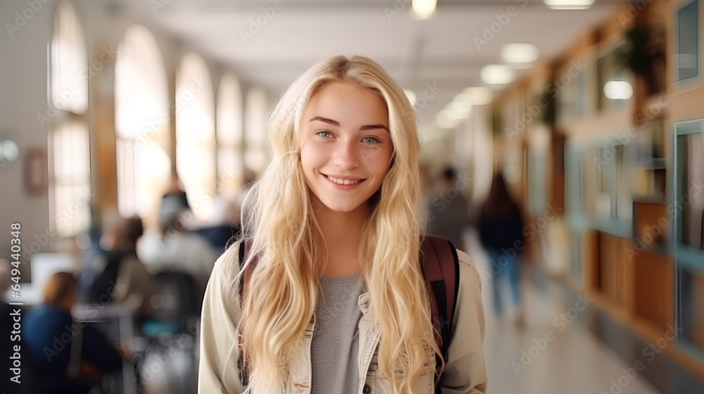 Smiling cute pretty blond girl, positive female teenage high school student holding backpack looking at camera standing in modern university or college campus library, portrait Smiling cute pretty blond girl, positive female teenage high school student holding backpack looking at camera standing in modern university or college campus library, portrait