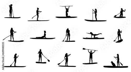 Women paddle boarding. Female SUP silhouette on white background.