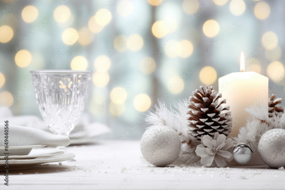 Holiday Grace: White-Themed Christmas Table Decor with Pine Cones and Silky White Ribbon, Ideal for a Snowy Celebration
