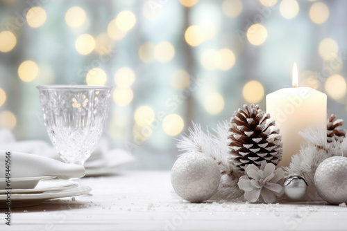 Holiday Grace: White-Themed Christmas Table Decor with Pine Cones and Silky White Ribbon, Ideal for a Snowy Celebration photo