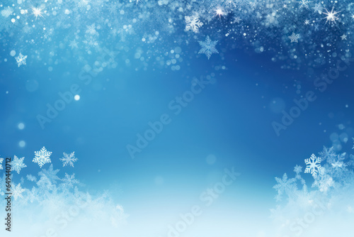 Banner with blue snowy winter Christmas background with white falling snowflakes and place for text