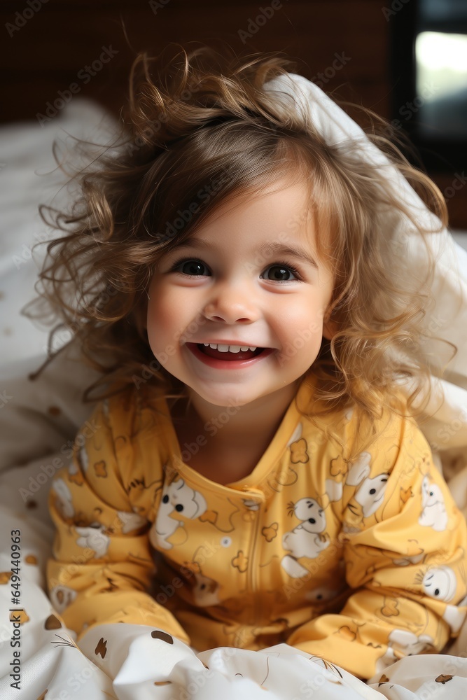 Crawling baby on the bed in her room. Generative AI Crawling baby on the bed in her room. Generative AI