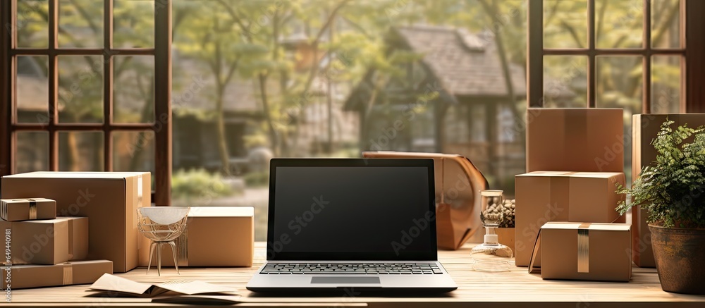 a laptop, computer and packing boxes are set on a table in front of a window Generative AI a laptop, computer and packing boxes are set on a table in front of a window Generative AI