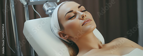 woman taking radiolifting procedure in beauty salon, relaxed young woman having radiolifting on her face. photo