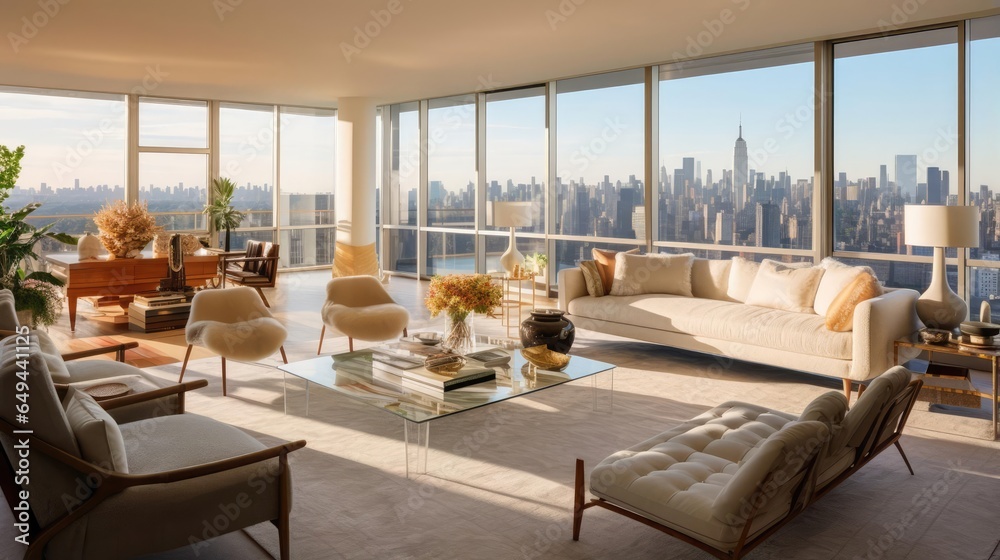 Modern penthouse apartment living room with expansive view of cityscape Modern penthouse apartment living room with expansive view of cityscape