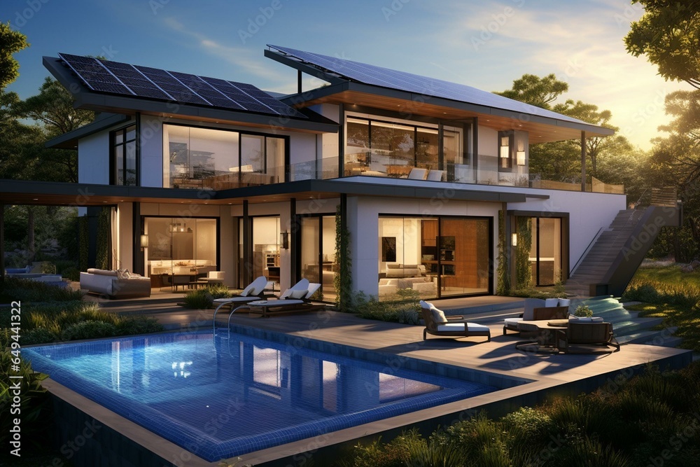 Elegant residence featuring an exquisite pool, rooftop solar panels, and an electric vehicle. Generative AI